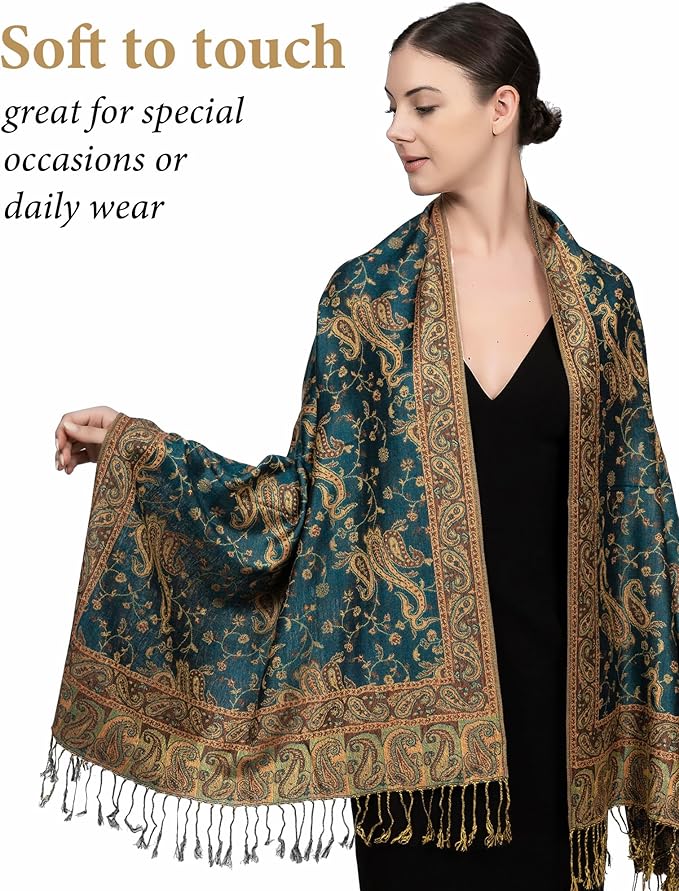 Achillea Reversible Paisley Pashmina Rave Scarf – Exotic Indian Shawls and Wraps for Evening Dresses, Festivals, All Seasons