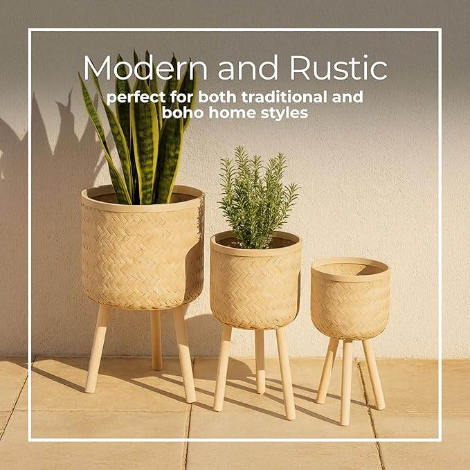 Set of 3 Decorative Planter Pots with Wooden Legs – Bamboo & Pine – Indoor & Outdoor Modern Plant Pot – Decorative Pots for Plants & Home Decor Planters – 22", 26", 30", White