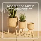 Set of 3 Decorative Planter Pots with Wooden Legs – Bamboo & Pine – Indoor & Outdoor Modern Plant Pot – Decorative Pots for Plants & Home Decor Planters – 22", 26", 30", White