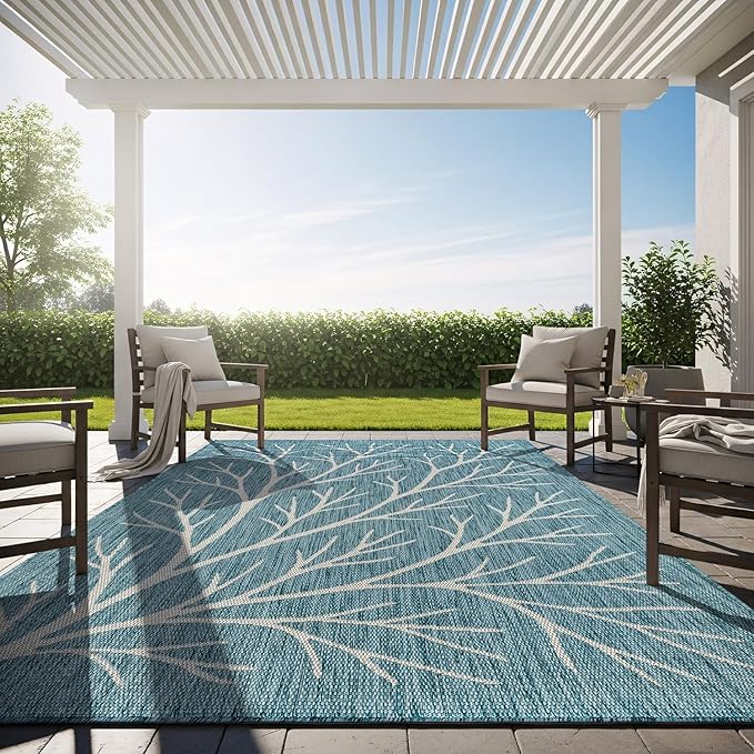Washable Indoor Outdoor Rug 8x10 Modern Area Rugs Branch Pattern Non Shedding Waterproof Easy Clean Patio Deck Porch Living Room Bedroom Garden RV (8 X 10 Aqua)