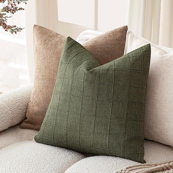 Foindtower Set of 2 Decorative Linen Check Throw Pillow Covers Neutral Farmhouse Vintage Cushion Covers Modern Boho Home Decor for Sofa Chair Couch Bedroom Living Room,24×24 Inch,Olive Green