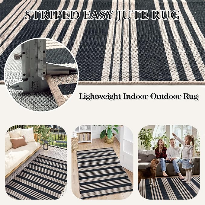 Lahome Elance Striped Easy Jute Outdoor Patio Rug, Washable 5x7 Area Rugs for Living Room Office Indoor Outdoor Carpet, Farmhouse Non Shedding Stain Resistance Carpet for Dining Room Backyard Deck