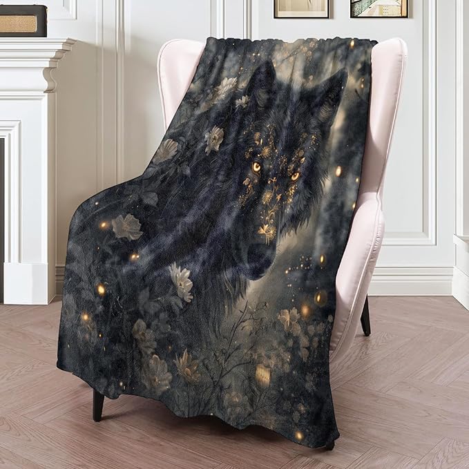 Mystical Black Wolf Flannel Blanket 60x80in,Enchanted Forest Floral Night Design,Soft Lightweight Throw for Wolf Lovers,Fantasy Fans,Wiccan Decor and Dark Aesthetic Rooms Gifts Blankets