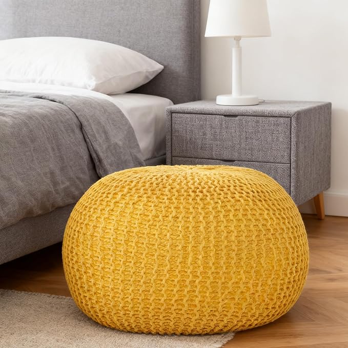 Round Pouf Ottoman, 18" Bordeaux Knitted Cotton Woven Round Pouf, Handmade Woven Bean Bag for Living Room, Floor Bag for Bedrooms, Home, Offices, Sofa Footrest (Yellow)
