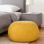Round Pouf Ottoman, 18" Bordeaux Knitted Cotton Woven Round Pouf, Handmade Woven Bean Bag for Living Room, Floor Bag for Bedrooms, Home, Offices, Sofa Footrest (Yellow)