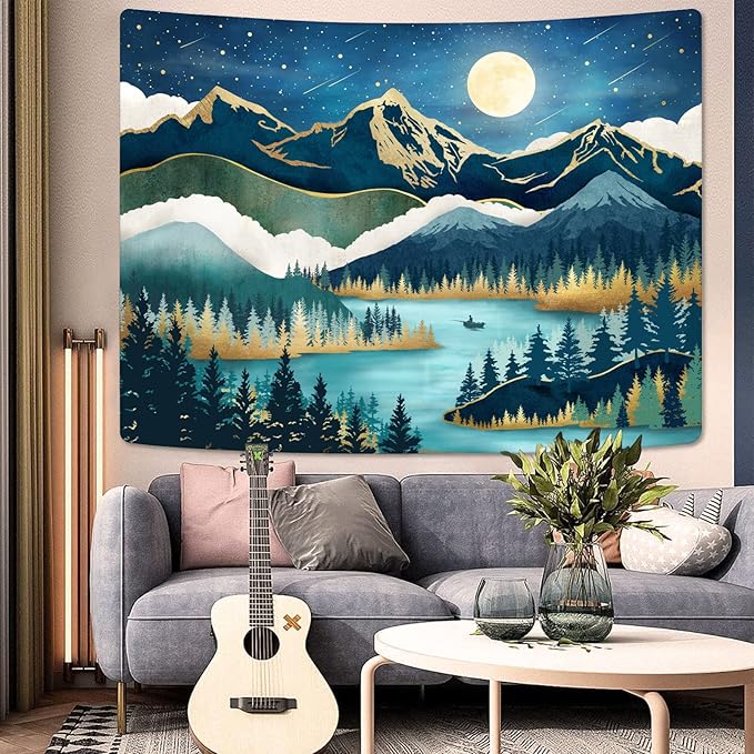Accnicc Mountain Tapestry Nature Forest Tree Tapestries for Bedroom Aesthetic Starry Night Moon Stars Tapestrys Wall Hanging Teal Abstract Wall Tapestry for Dorm Living Room (Teal, 80'' × 60'')