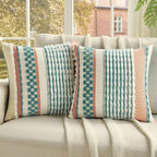 FUTEI Teal Accent Throw Pillow Covers Set of 2, 20x20 Inch Plush Tufted Striped Textured Decorative Cushion Cases for Farmhouse Boho Couch Decor