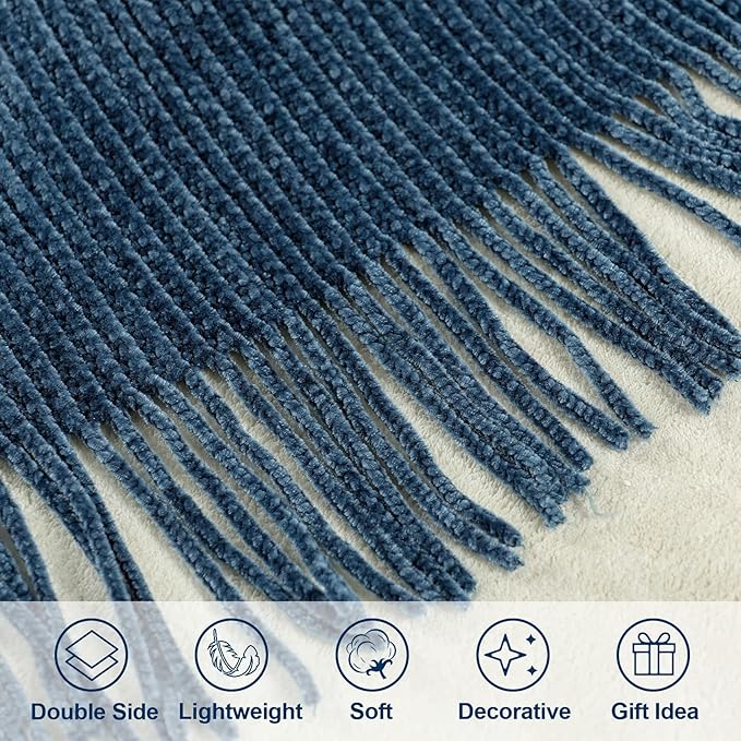 Blagic Blue Throw Blanket for Couch Soft Farmhouse Chenille Boho Throw Blanket with Tassels Home Decorative Lightweight Throw Blankets, Throws for Bed/Chair/Sofa, Stripe Textured (Dark Blue,50"x60")