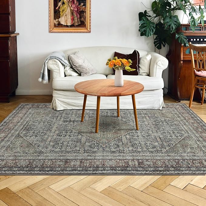 Area Rug 4×6, Vintage Boho Rug,Ultra-Soft Low Pile, Washable, Non Slip,Stain Resistant, Printed Carpet for Living Room Bedrooms Playroom Office Kitchen,Rust/Green