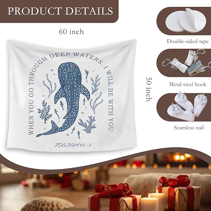 HUGANE Whale Shark Christian Tapestry, Isaiah 43:2 Bible Verse Tapestry Wall Hanging, Religious Bible Scripture Wall Blanket Backdrop Decor for Home Bedroom Living Room, 50x60 Inch