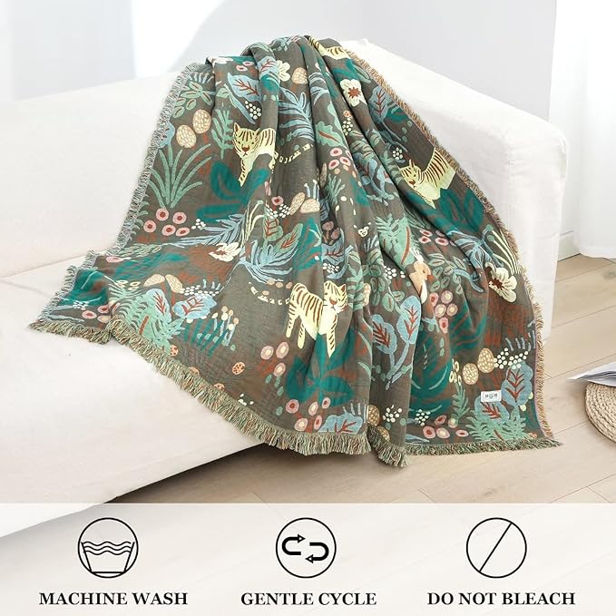 Boho Throw Blanket for Bed 100% Cotton Soft Lightweight Quilt Blanket Twin Forest Tiger Embroidery Home Decor Breathable Spring Bed Blankets,60"x80" All Season Throw for Sofa Couch Chair