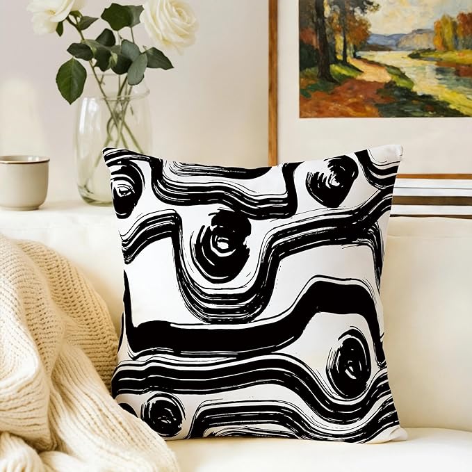 Abstract Black and White Brush Stroke Throw Pillow Covers 18x18 Set of 2, Modern Geometric Art Cushion Cases, Minimalist Boho Decorative Pillowcases for Farmhouse Sofa Couch Living Room Bedroom Decor