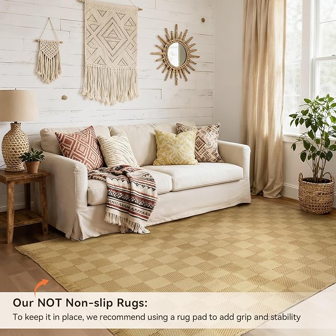 BESTSWEETIE 5'x7' Washable Rug Hand-Woven Low Pile Soft Checkerboard Pattern Reversible Checkered Braided Rugs with Short Fringe Carpet for Living Room Bedroom Dining Room Home Decor - Naturejute