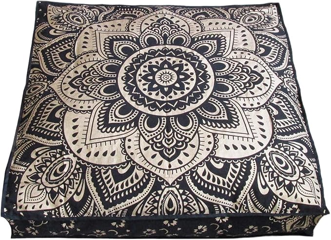 24" Black Gold Flower Mandala Barmeri Large Floor Pillow Cover Cushion Meditation Seating Ottoman Throw Cover Hippie Decorative Zipped Bohemian Pouf Ottoman Pom Pom Cases 24 " square
