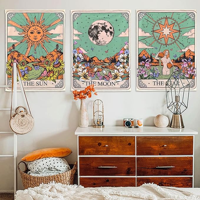 Aipon Tarot Tapestry Cute Tarot Card Tapestries 3 Pack Sun Moon Star Green Floral Flower Small Aesthetic Tapestry Wall Hanging for Bedroom Living Room Dorm (15'' × 20'')