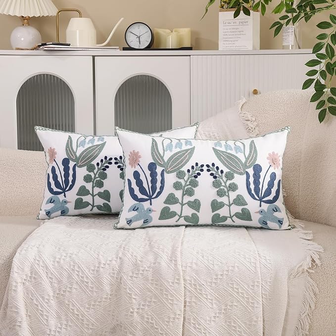 Tosleo Embroidered Pillow Covers 12x20 Set of 2 Green Leaves with Birds Floral Tufted Pillowcases Spring Summer Decorative Coastal Pillow Cushion Cases Lumbar Navy Blue Flower Pillow Case