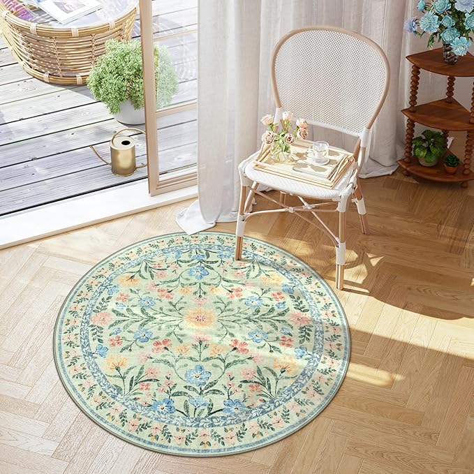 Lahome Sylvie Green Round Rug for Bedroom 4ft, Sage Washable Small Kids Bathroom Circle Rug, Boho Nursery Circular Carpet Girl, Soft Non-Slip Carpet for Kids Room Sunroom