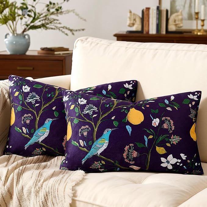 MUSSEL Purple Floral Pillow Covers 12x20 Set of 2, Velvet Wild Flower Plant Throw Pillows Case, Square Farmhouse Decor Cushion Covers for Home Sofa Bed Couch
