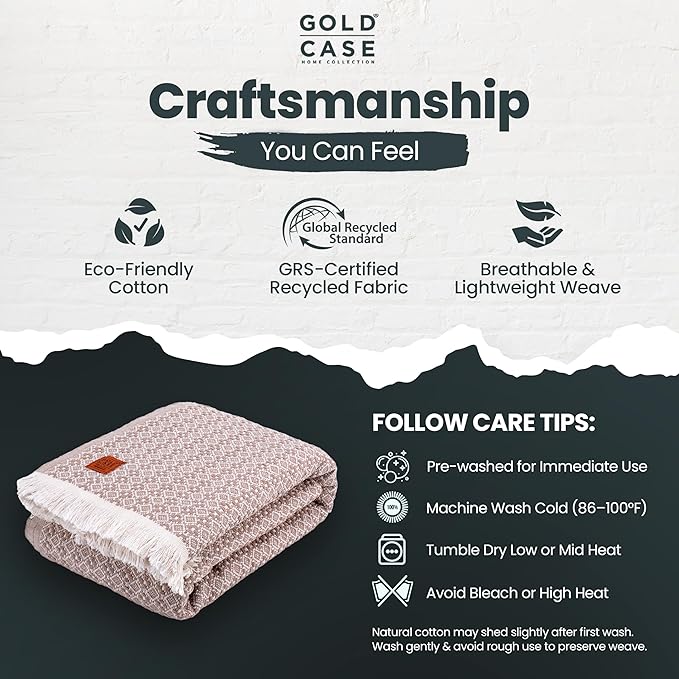 Gold Case Throw Blanket for Bed - 100% Recycled Turkish Cotton Blanket - Retro Lightweight Soft Throw Blankets for Bed & Living Room - Queen Size Cozy Blankets - 90x90 - Beige