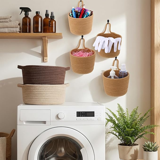 4 Pcs Jute Wall Hanging Baskets, Cotton Woven Storage Organizer for Flower Plants Towels Keys, Boho Farmhouse Decor, 4.9x6.4x7.4 Inches