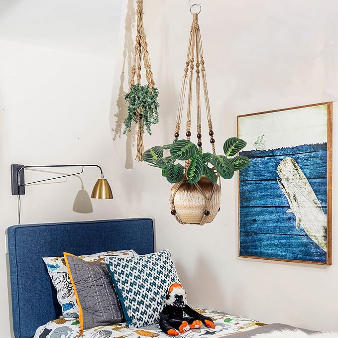 AKEIE Brown Macrame Plant Hanger Indoor Outdoor Plant Holder Basket 41'' Hanging Planter Rope w/Wood Beads No Tassels for Indoor Outdoor Boho Home Decor(Brown)
