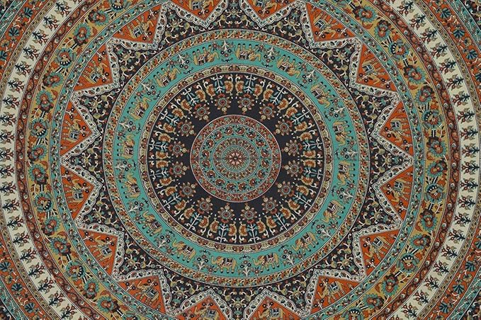 Popular Handicrafts Wall Hanging Tapestry for Bedroom Hippie Psychedelic Mandala Bohemian Hippy Intricate Floral Indian Tapestries Dorm Decor 84 x 90 Inches (215cm x 230cm) Green Orange Black