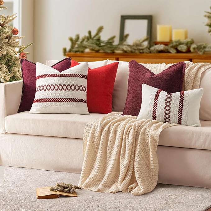 MIULEE Pack of 2 Christmas Pillow Covers 20x20 Inch Burgundy Red Farmhouse Decorative Throw Pillow Covers with Stitched Edge Soft Chenille Solid Dyed Couch Pillow Covers for Sofa Bed Living Room