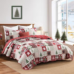 HORIMOTE HOME Christmas Quilt Set Queen Size, 3-Piece Holiday Quilt Bedding Set Soft Microfiber Bedspread with 2 Pillow Shams - Red Xmars Tree Stars Pattern for Winter Bedroom Decoration