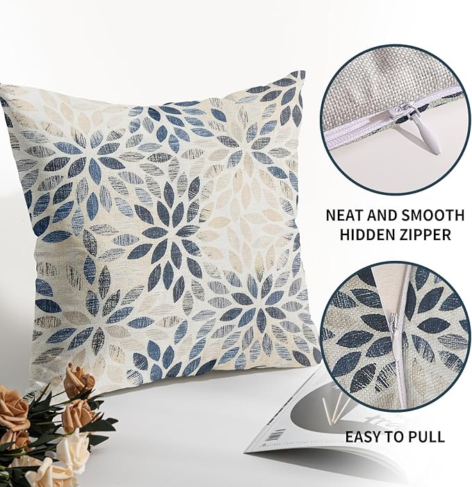 Kawani Navy Blue Dahlia Throw Pillow Covers 24x24 Inch Rustic Geometric Flower Decorative Square Pillow Cases Beige Tan Gray Floral Cushion Covers Farmhouse Home Decor for Sofa Couch Outdoor Set of 2