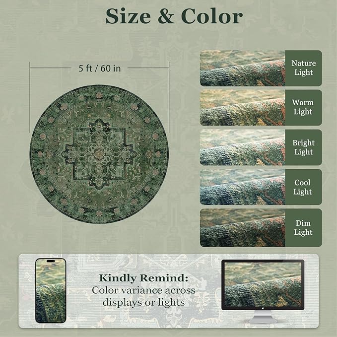 Dark Green Round Rugs 5ft, Low Pile Thin Circle Rugs Non Slip Washable, Traditional Medallion Printed Circle Carpet 5 feet for Bedroom Living Room Kitchen Dining Room