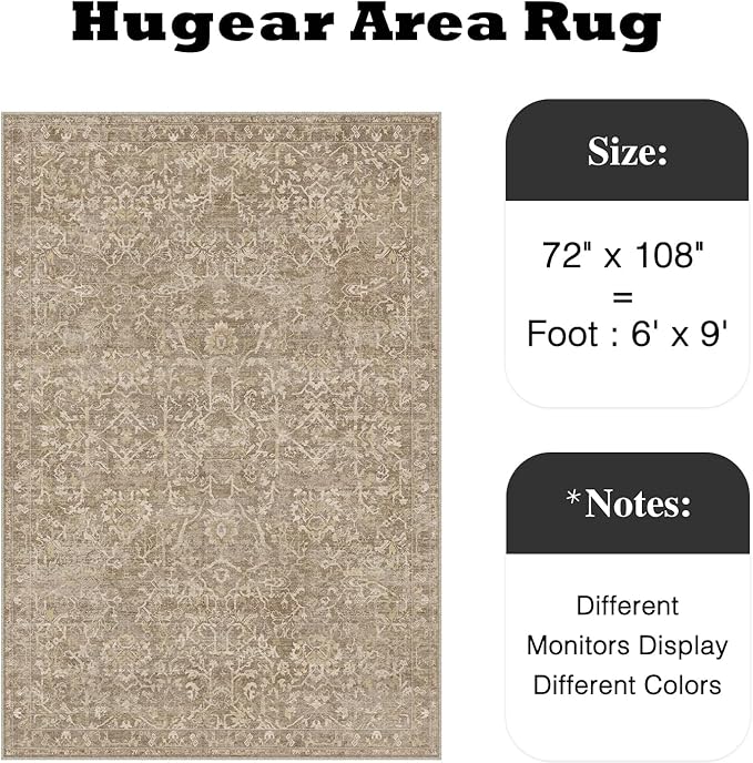 HUGEAR Area Rug 6x9 Light Brown Machine Washable Living Room Rugs Distressed Vintage Floral Vacuumable Low Pile Carpet Bedroom Office Dining Room Laundry Room Non Slip Soft Lightweight