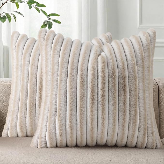 Pallene Faux Fur Plush Throw Pillow Covers 22x22 Set of 2, Luxury Soft Fluffy Striped Decorative Pillow Covers for Sofa, Couch, Living Room, Ombre Beige