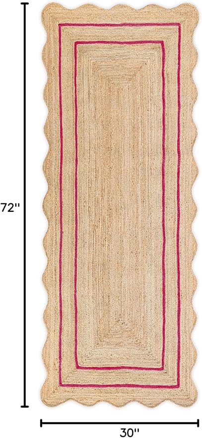 Wave Scalloped Natural Jute Rug Boho Jute Rug Entryway Runner Rug Farmhouse Scallop Rug, Dark Pink (2'6"x6')
