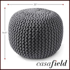Casafield Round Pouf Ottoman, Dark Gray - 20" Diameter x 14.5" High Cotton Knit Foot Stool - Boho Floor Pouffe for Living Room, Bedroom, Home Office