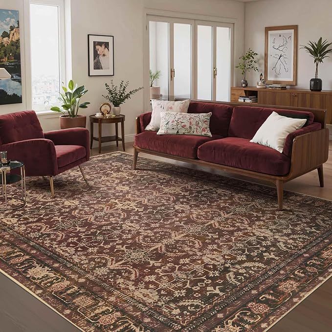 6x9 Area Rugs for Living Room Bedroom, Large Washable Christmas Rug, Vintage Oriental Boho Rug, Non Slip & Low Pile Faux Wool Thin Carpet for Indoor Dining Room, Classroom Dorm and Kids Room