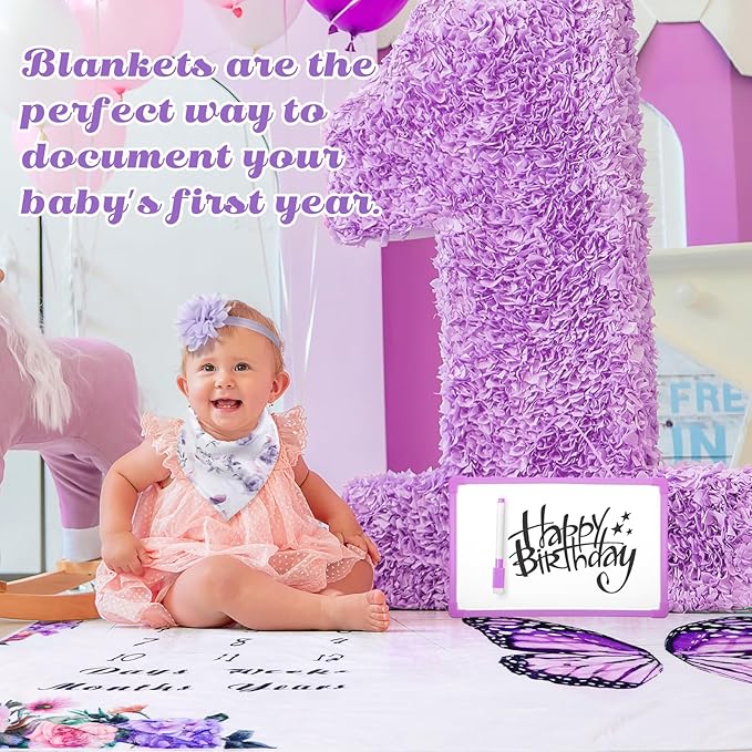 Chumia 6 Pcs Baby Monthly Milestone Blanket for Girl 60" x 40" Butterfly Milestone Blanket Age Photo Photography Backdrop with Newborn Calendar Growth Chart Bib Headband(Purple,Butterfly Pattern)
