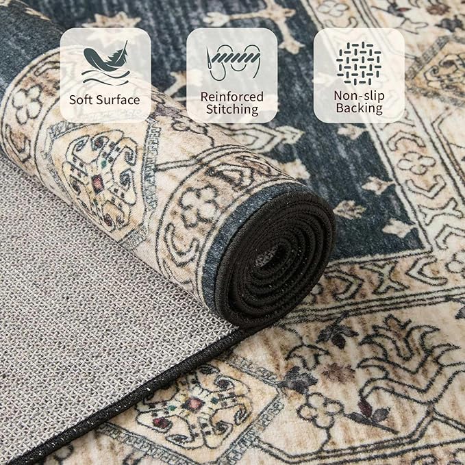8x10 Area Rugs for Living Room, Large Washable Rug, Black Vintage Boho Rug, Non Slip & Low Pile Faux Wool Carpet for Indoor Dining Room, Bedroom and Farmhouse(Black 8x10ft)