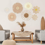Chunful 7 Pcs Boho Wall Basket Decor Rattan Flower Wall Decor Nursery Daisy Flower Woven Macrame Hanging Flowers for Baby Kids Girls Farmhouse Bedrooms Living Rooms Kitchen Home(Light Beige Yellow)