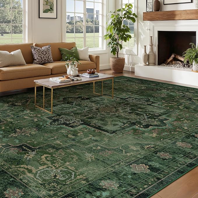 Tranditional Dark Green 8x10 Rugs for Living Room Bedroom, Washable Non Slip Low Pile Thin Dining Room Rugs for Under Table, Distressed Medallion Pattern Printed Soft Carpet for Guest Room