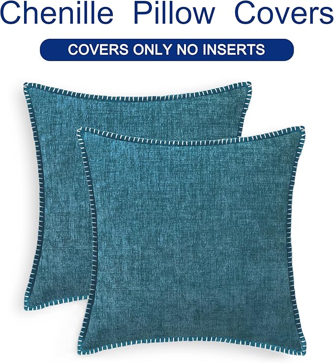 CaliTime Throw Pillow Covers Decorative 20 X 20 Inches Pack of 2 Cotton Thread Stitching Edges Solid Dyed Soft Chenille Cushion Cases for Couch Sofa Bed Living Room Farmhouse Ocean Blue