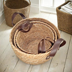 GIB Round Wicker Woven Seagrass Storage Baskets with Leather Handles Set of 3, Natural Decorative Braided Rope Wicker Baskets Bins for Shelves Blankets Organizing, 13", 12" & 11"