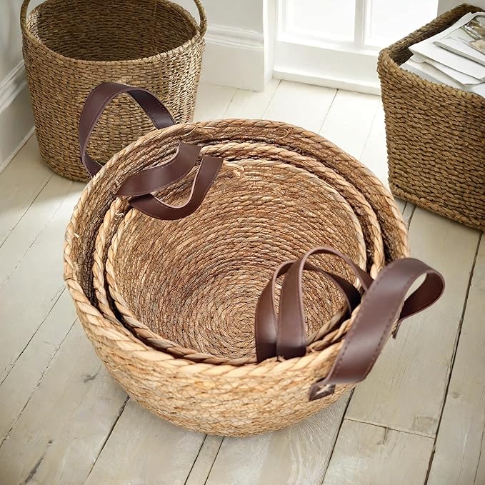 GIB Round Wicker Woven Seagrass Storage Baskets with Leather Handles Set of 3, Natural Decorative Braided Rope Wicker Baskets Bins for Shelves Blankets Organizing, 13", 12" & 11"