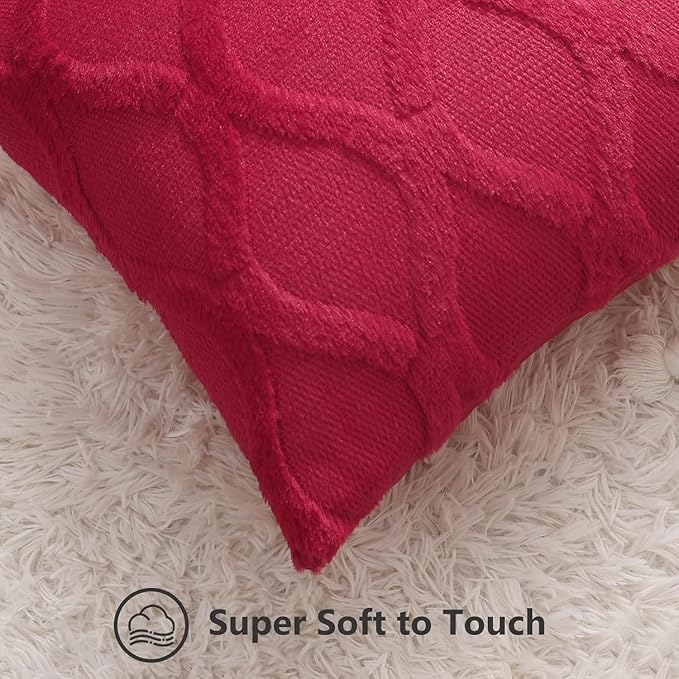 decorUhome Spring Euro Sham Throw Pillow Covers 22x22 Inch Set of 2, Soft Plush Faux Fur Wool Red Accent Couch Pillow Covers for Modern Farmhouse Bed Sofa Living Room