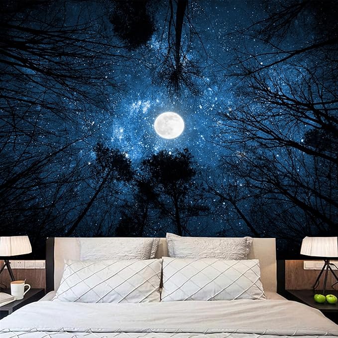 Algasan Forest Galaxy Starry Tapestry, Starry Night Sky Moon Stars Ceiling Tapestry Blue Space with Trees Nature Tapestries Wall Hanging for Bedroom Dorm Living Room (59" X 79")