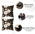 KSLIDS Vintage Peony Roses Floral Soft Velvet Throw Pillow Covers Set of 2 White Roses Flower Bloom Leaves Decorative Pillow Covers 18x18 Inch Black Gold Cream Pillow Case for Sofa Couch Home Decor