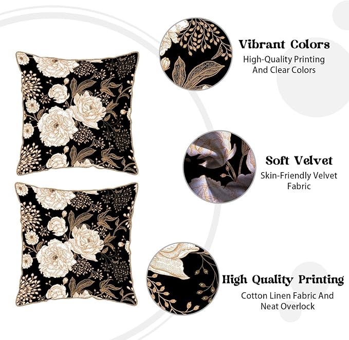 KSLIDS Vintage Peony Roses Floral Soft Velvet Throw Pillow Covers Set of 2 White Roses Flower Bloom Leaves Decorative Pillow Covers 16x16 Inch Black Gold Cream Pillow Case for Sofa Couch Home Decor