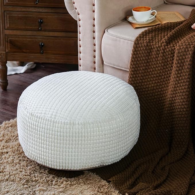 SUTAVIA Pouf Ottoman Cover Unstuffed Pouf Seat Decorative Soft Storage Bean Bag 20x20x8 Inches Floor Footrest for Living Room Bedroom (White, Round)