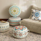 MOCOFO Round Bohemian Ottoman Pouf Cover, 18 Inch, Cotton Blend, Church Window Print, Living Room Storage Footrest, Cover Only (Light Tie-dye Cyan)