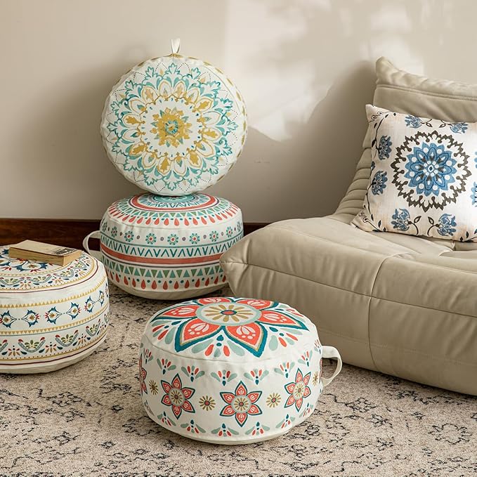 MOCOFO Round Bohemian Ottoman Pouf Cover, 18 Inch, Cotton Blend, Church Window Print, Living Room Storage Footrest, Cover Only (Light Tie-dye Cyan)