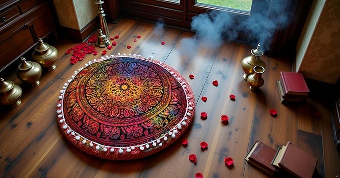CRAFT KALA 22" Round Mandala Boho Pillow Cover Meditation Room Seating Poufs Cover for Living Room Yoga Room Home Bedroom Balcony Garden Party Decoration Cotton Floor Cushion Cover 22", Multi Elephant